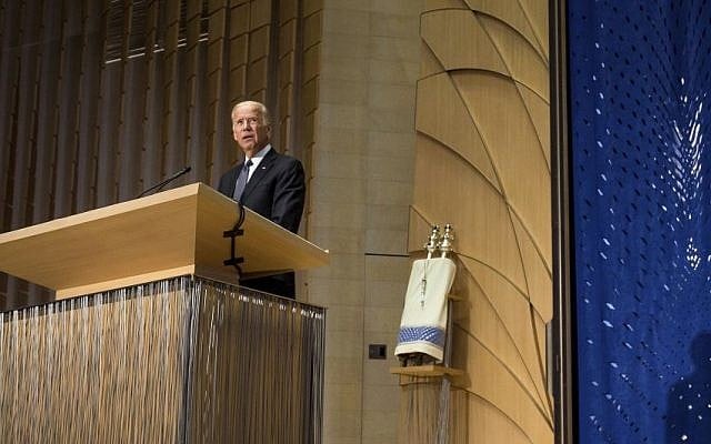 Vice President Joe Biden speaks during a memorial service for former Israel prime minister Shimon Peres at Adas Israel Congregation in Washington, Thursday, Oct, 6, 2016. (Zach Gibson/AP)