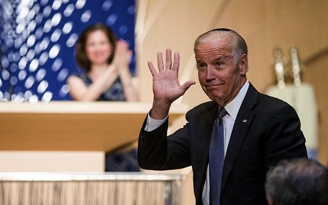 Vice President Joe Biden waves after speaking at a memorial service for former Israeli president an d prime minister Shimon Peres at the Adas Israel Congregation in Washington DC, Thursday, Oct. 6, 2016. (Zach Gibson/AP)