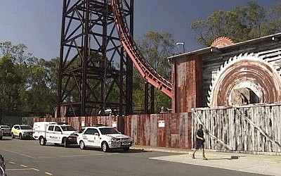 Rescue vehicles are parked outside Dreamworld on the Gold Coast, Australia, Tuesday, Oct. 25, 2016. (Screen capture: Australian Broadcasting Corporation via AP)