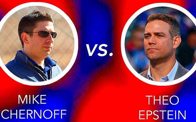 Mike Chernoff, left, is general manager of the Cleveland Indians. Theo Epstein is the president of baseball operations for the Chicago Cubs. (Facebook/Getty Images/Lior Zaltzman/JTA)