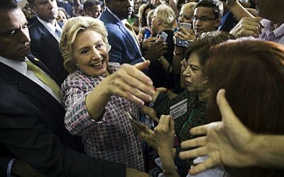 Democratic presidential candidate Hillary Clinton meets with audience members during a campaign stop in Coral Springs, Florida, Friday, Sept. 30, 2016. (AP Photo/Matt Rourke)