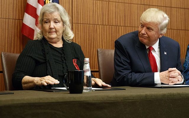 Republican presidential candidate Donald Trump, right, looks on as Juanita Broaddrick, who has accused former President Bill Clinton of sexual assault, speaks before the second presidential debate against democratic presidential candidate Hillary Clinton, in St. Louis, October 9, 2016,. (AP/ Evan Vucci)