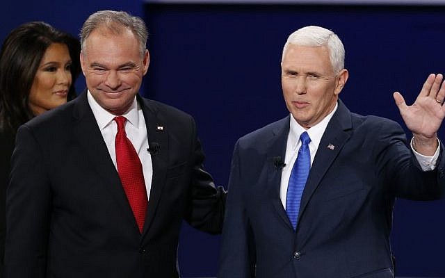 Republican vice-presidential nominee Gov. Mike Pence, right, and Democratic vice-presidential nominee Sen. Tim Kaine stand before the audience during the vice-presidential debate at Longwood University in Farmville, Va., October 4, 2016. (AP/Steve Helber) 