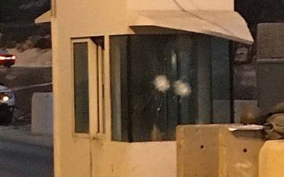 The guard booth that was hit in a shooting attack north of Ramallah by a Palestinian police officer on October 31, 2016. (Twitter)