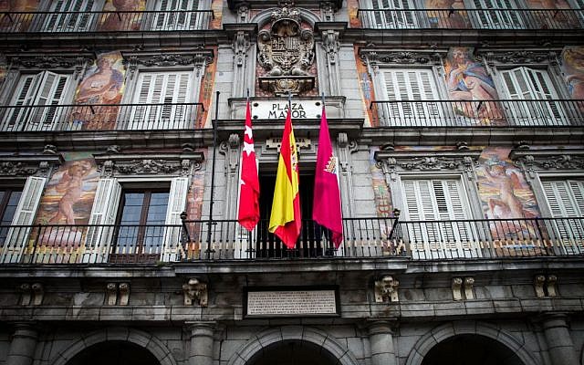 The painted façades of the Casa de la Panadería on Plaza Mayor, in Madrid, capital of Spain. February 13, 2016. (Isaac Harari/FLASH90) The painted façades of the Casa de la Panadería on Plaza Mayor, in Madrid, capital of Spain. February 13, 2016. (Isaac Harari/FLASH90)