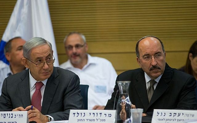 Benjamin Netanyahu, left, and Dore Gold attend a session of the State Control Committee at the Knesset on July 25, 2016. (Yonatan Sindel/Flash90) Benjamin Netanyahu, left, and Dore Gold attend a session of the State Control Committee at the Knesset on July 25, 2016. (Yonatan Sindel/Flash90)