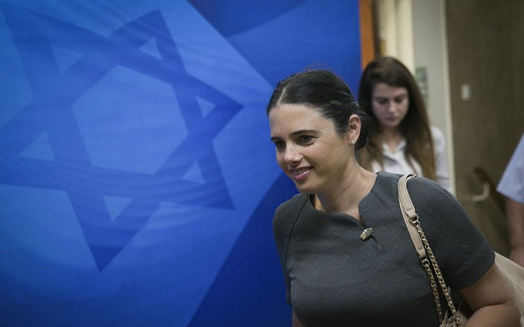 Justice Minister Ayelet Shaked arrives for the weekly cabinet meeting at the Prime Ministers Office in Jerusalem, October 30, 2016. (Ohad Zwigenberg)