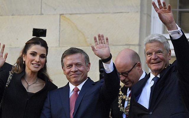 Queen Rania, left, and King Abdullah of Jordan, center, with German President Joachim Gauck wave to citizens on the historic town hall balcony in Muenster, Germany, Saturday, Oct. 8, 2016. (AP Photo/Martin Meissner) Queen Rania, left, and King Abdullah of Jordan, center, with German President Joachim Gauck wave to citizens on the historic town hall balcony in Muenster, Germany, Saturday, Oct. 8, 2016. (AP Photo/Martin Meissner)