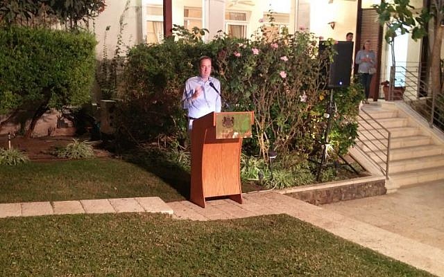 British ambassador to Israel David Quarrey speaks at a Sukkot party at the ambassador's residence in Tel Aviv, October 20, 2016. (Raoul Wootliff/Times of Israel) British ambassador to Israel David Quarrey speaks at a Sukkot party at the ambassador's residence in Tel Aviv, October 20, 2016. (Raoul Wootliff/Times of Israel)