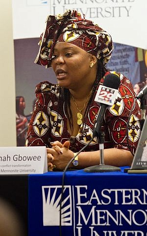 Nobel Peace laureate Leymah Gbowee speaks during a press conference at Eastern Mennonite University in Harrisonburg, Virginia, on October 14, 2011 (CC BY/Jon Styer/Eastern Mennonite UniversityWikimedia) Nobel Peace laureate Leymah Gbowee speaks during a press conference at Eastern Mennonite University in Harrisonburg, Virginia, on October 14, 2011 (CC BY/Jon Styer/Eastern Mennonite UniversityWikimedia)
