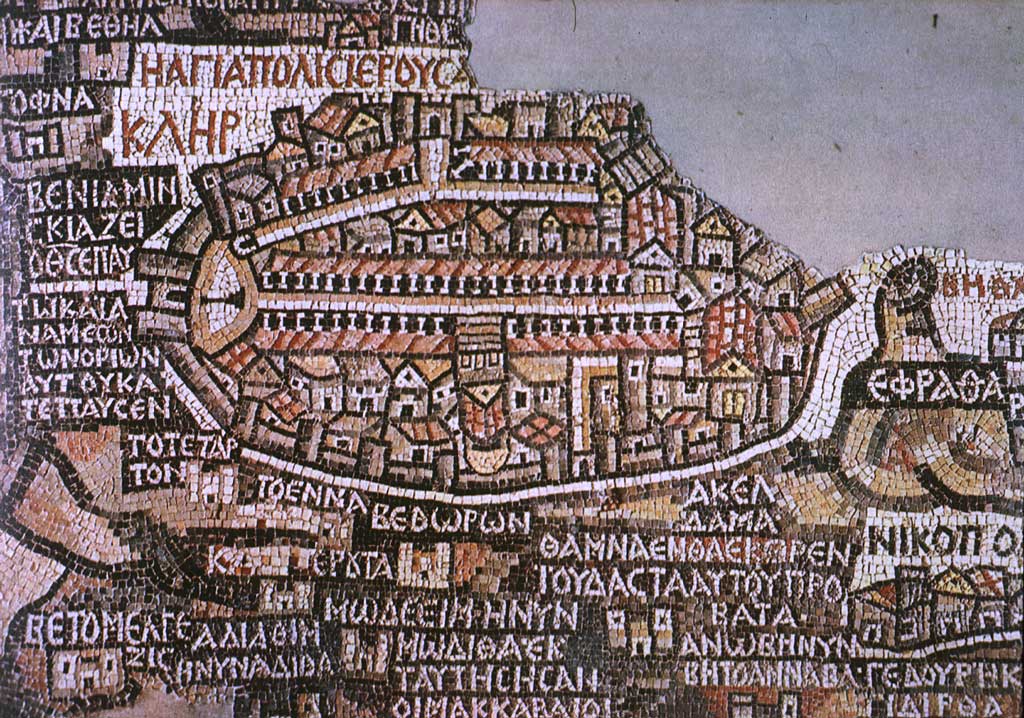 The Madaba Map depicting historical Jerusalem is part of a floor mosaic in the early Byzantine church of Saint George at Madaba, Jordan. (public domain via wikipedia) The Madaba Map depicting historical Jerusalem is part of a floor mosaic in the early Byzantine church of Saint George at Madaba, Jordan. (public domain via wikipedia)