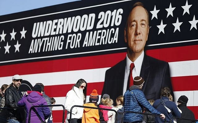 The 'Underwood 2016' booth outside of the Republican presidential debate at the Peace Center in Greenville, South Carolina, February 13, 2016. (AP Photo/John Bazemore, File) The 'Underwood 2016' booth outside of the Republican presidential debate at the Peace Center in Greenville, South Carolina, February 13, 2016. (AP Photo/John Bazemore, File)