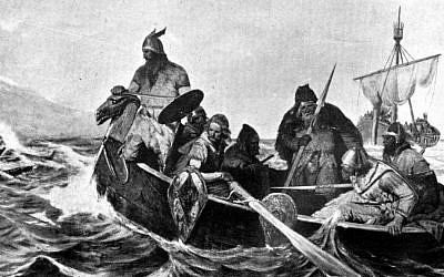 A black-and-white reproduction of a painting showing Norsemen in a ship landing in Iceland. (Wikipedia/Oscar Wergeland/public domain)