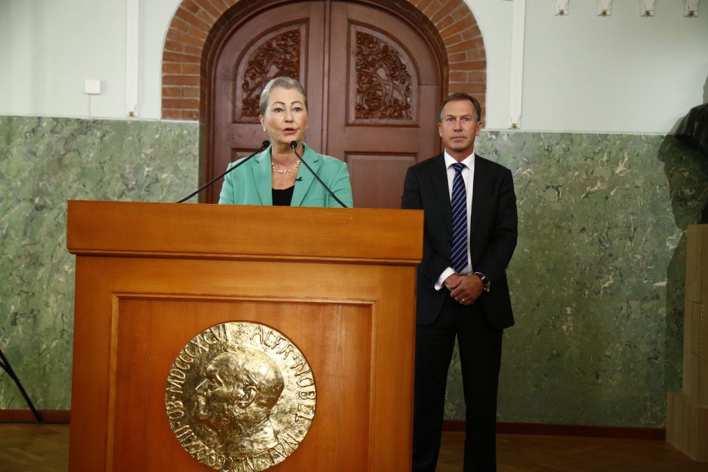 Kaci Kullmann Five, chairman of the Nobel Peace Prize award committee, announces the laureate of Nobel Peace Prize 2016, Colombian President Juan Manuel Santos, in Olso, Friday Oct. 7, 2016. (Heiko Junge NTB scanpix via AP) Kaci Kullmann Five, chairman of the Nobel Peace Prize award committee, announces the laureate of Nobel Peace Prize 2016, Colombian President Juan Manuel Santos, in Olso, Friday Oct. 7, 2016. (Heiko Junge NTB scanpix via AP)