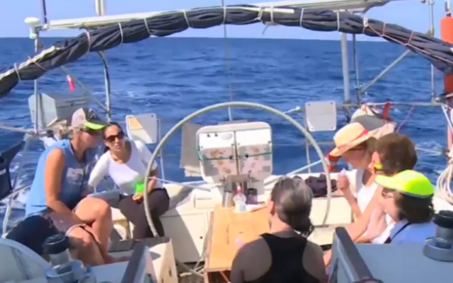 Women activists aboard a sailboat en route to Gaza which was intercepted Wednesday, October 5, 2016 by the Israeli Navy. (Al Jazeera screenshot) Women activists aboard a sailboat en route to Gaza which was intercepted Wednesday, October 5, 2016 by the Israeli Navy. (Al Jazeera screenshot)