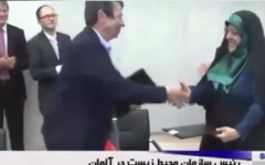 Iranian Environment Minister Massoumeh Ebtekar (right) shakes hands with her German counterpart Barbara Hendricks, October, 2016 (YouTube screenshot)
