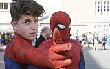 Two young men wearing Spider-Man costumes at the Icon Festival in Tel Aviv, October 19, 2016. (Dan Ofer/JTA)