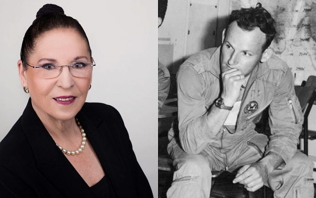 Tami Shelach, chairperson of the IDF Widows and Orphans Organization, left, alongside an undated photograph of her deceased husband, fighter pilot Ehud Shelach, who was killed during the Yom Kippur War. (IDFWO) Tami Shelach, chairperson of the IDF Widows and Orphans Organization, left, alongside an undated photograph of her deceased husband, fighter pilot Ehud Shelach, who was killed during the Yom Kippur War. (IDFWO)