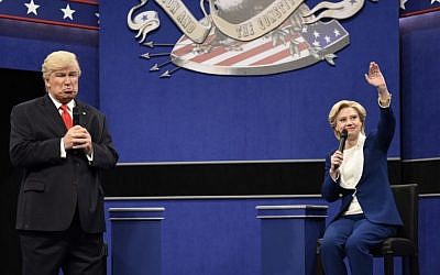 Alec Baldwin (L) as Republican presidential candidate Donald Trump, and Kate McKinnon as Democratic presidential candidate Hillary Clinton on 'Saturday Night Live,' October 15, 2016. (Will Heath/NBC via AP) 