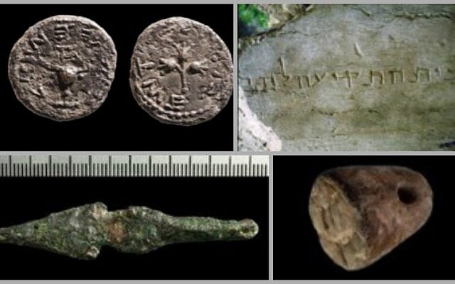 Temple Mount artifacts: Clockwise: Half-Shekel Silver Coin from the Second Temple period; The Beit Hatekia Inscription; A rare stone seal and an arrowhead, both from the time of King Solomon (courtesy Temple Mount Sifting Project)