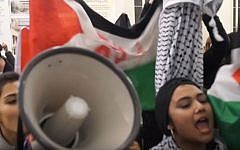 Pro-Palestinian students at University College London disrupt an Israel advocacy event on campus on October 28, 2016. (screen capture: YouTube)