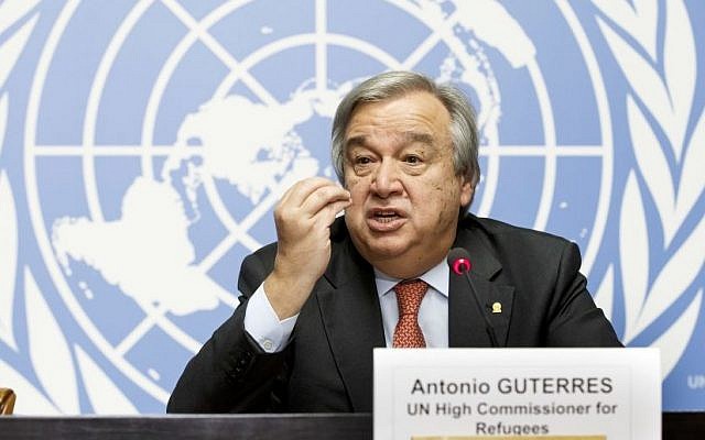 In this Friday, Dec. 18, 2015 file photo, United Nations High Commissioner for Refugees Antonio Guterres speaks during a news conference at the European headquarters of the United Nations in Geneva, Switzerland. (Salvatore Di Nolfi/Keystone via AP) In this Friday, Dec. 18, 2015 file photo, United Nations High Commissioner for Refugees Antonio Guterres speaks during a news conference at the European headquarters of the United Nations in Geneva, Switzerland. (Salvatore Di Nolfi/Keystone via AP)