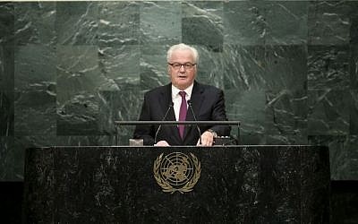 Russian Ambassador to the United Nations Vitaly Churkin speaks at the UN headquarters in New York during the appointment of the Secretary-General designate, Antonio Guterres of Portugal, October 13, 2016. (AP Photo/Seth Wenig)