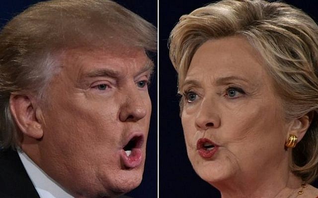 Republican presidential nominee Donald Trump, left, and Democratic presidential nominee Hillary Clinton facing off during the first presidential debate at Hofstra University in Hempstead, New York, September 26, 2016. (AFP/Paul J. Richards) Republican presidential nominee Donald Trump, left, and Democratic presidential nominee Hillary Clinton facing off during the first presidential debate at Hofstra University in Hempstead, New York, September 26, 2016. (AFP/Paul J. Richards)