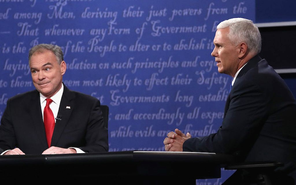 Democrat Tim Kaine, left, and Republican Mike Pence facing off in the vice presidential debate at Longwood University in Virginia, Oct. 4, 2016. (Win McNamee/Getty Images) Democrat Tim Kaine, left, and Republican Mike Pence facing off in the vice presidential debate at Longwood University in Virginia, Oct. 4, 2016. (Win McNamee/Getty Images)