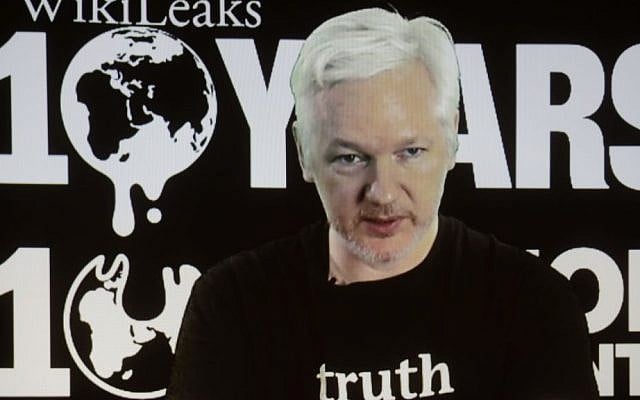 In this Oct. 4, 2016 photo, WikiLeaks founder Julian Assange participates via video link at a news conference marking the 10th anniversary of the secrecy-spilling group in Berlin. (AP Photo/Markus Schreiber, File) In this Oct. 4, 2016 photo, WikiLeaks founder Julian Assange participates via video link at a news conference marking the 10th anniversary of the secrecy-spilling group in Berlin. (AP Photo/Markus Schreiber, File)