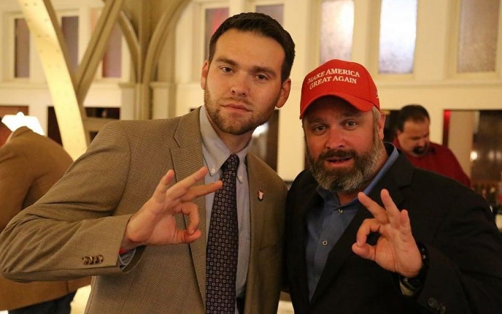 Alt-right radio personality Joe Biggs (right) poses with Jack Posobiec for a photograph in the atrium of Trump International Hotel in Washington, DC. (Eric Cortellessa/The Times of Israel) Alt-right radio personality Joe Biggs (right) poses with Jack Posobiec for a photograph in the atrium of Trump International Hotel in Washington, DC. (Eric Cortellessa/The Times of Israel)