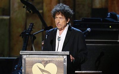 Bob Dylan speaks onstage during the 2015 MusiCares Person of The Year honoring him held at Los Angeles Convention Center on February 6, 2015 in Los Angeles, California. (Michael Tran/FilmMagic, via JTA)