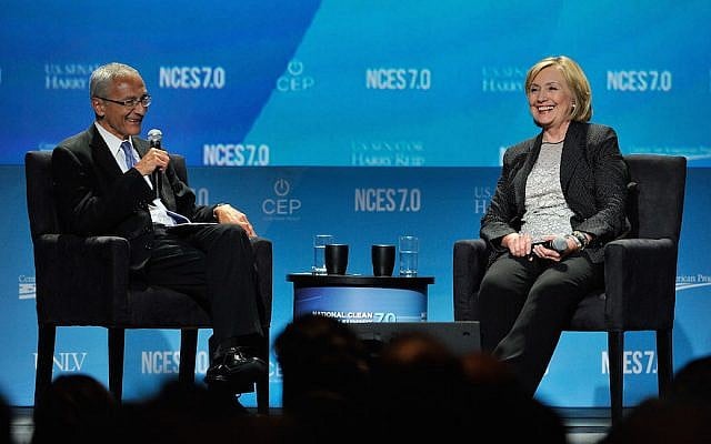 John Podesta and Hillary Clinton attending the National Clean Energy Summit 7.0 in Las Vegas, Sept. 4, 2014. (David Becker/Getty Images for National Clean Energy Summit via JTA) John Podesta and Hillary Clinton attending the National Clean Energy Summit 7.0 in Las Vegas, Sept. 4, 2014. (David Becker/Getty Images for National Clean Energy Summit via JTA)