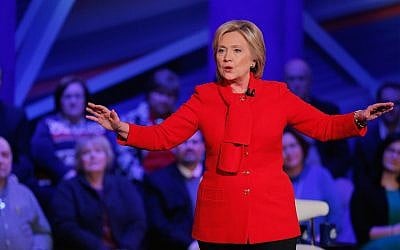 Democratic presidential candidate Hillary Clinton participating in a town hall forum at Drake University in Des Moines, Iowa, January 25, 2016. (Justin Sullivan/Getty Images/JTA)