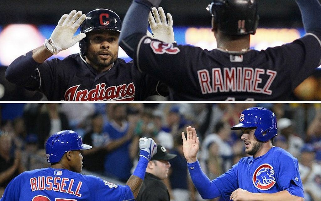 Players from the Cleveland Indians, top, and Chicago Cubs exchanging congratulations. (Getty Images/JTA) Players from the Cleveland Indians, top, and Chicago Cubs exchanging congratulations. (Getty Images/JTA)