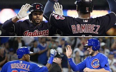 Players from the Cleveland Indians, top, and Chicago Cubs exchanging congratulations. (Getty Images/JTA)