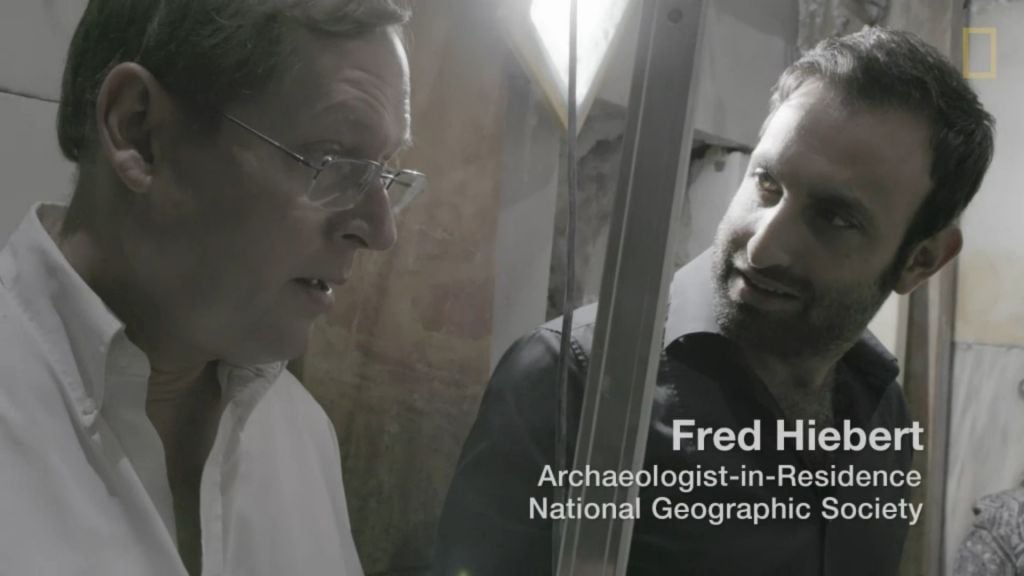 Fredrik Hiebert (left), National Geographic's archaeologist-in-residence, filmed at the tomb of Jesus, Church of the Holy Sepulchre, October 2016 (National Geographic screenshot) Fredrik Hiebert (left), National Geographic's archaeologist-in-residence, filmed at the tomb of Jesus, Church of the Holy Sepulchre, October 2016 (National Geographic screenshot)