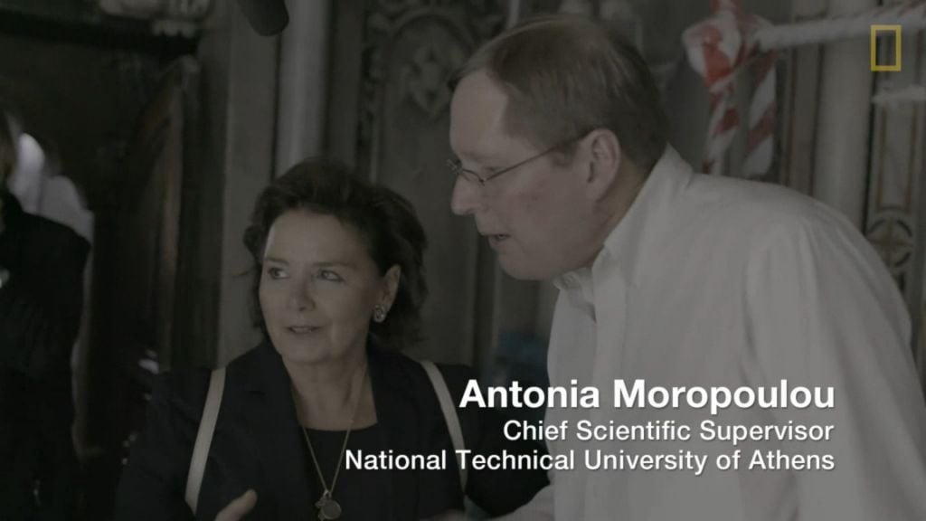Antonia Moropoulou, of the National Technical University of Athens, and Fredrik Hiebert, National Geographic’s archaeologist-in-residence, filmed at the tomb of Jesus, Church of the Holy Sepulchre, October 2016 (National Geographic screenshot) Antonia Moropoulou, of the National Technical University of Athens, and Fredrik Hiebert, National Geographic’s archaeologist-in-residence, filmed at the tomb of Jesus, Church of the Holy Sepulchre, October 2016 (National Geographic screenshot)