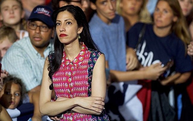 Huma Abedin waiting while Hillary Clinton greets supporters after holding a rally with Vice President Joe Biden at Riverfront Sports athletic facility in Scranton, Pennsylvania, Aug. 15, 2016. (Mark Makela/Getty Images/JTA)