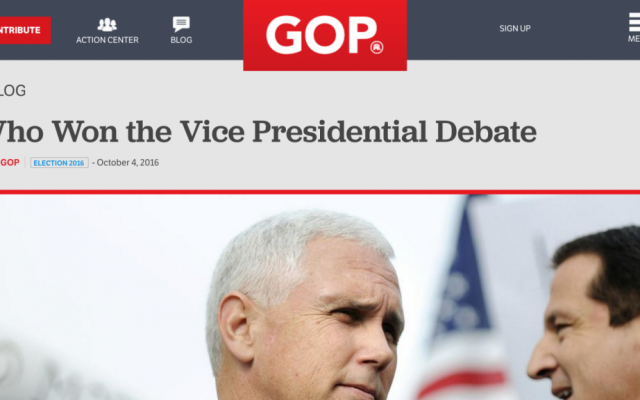 A screenshot from the Republican National Committee website on October 4, 2016, claiming victory for Mike Pence in the vice presidential debate, 90 minutes before it began.