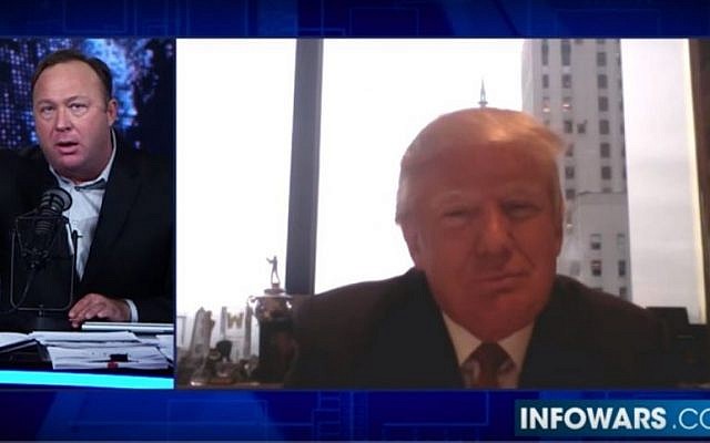 InfoWars host Alex Jones, who on October 26, 2016 used his show to lambast ‘the Jewish Mafia‘, was hailed by Donald Trump in December 2015 for his ‘amazing reputation‘. (YouTube screenshot) InfoWars host Alex Jones, who on October 26, 2016 used his show to lambast ‘the Jewish Mafia‘, was hailed by Donald Trump in December 2015 for his ‘amazing reputation‘. (YouTube screenshot)