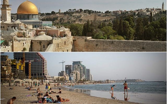 Jerusalem, top, and Tel Aviv (Jerusalem: Gil Cohen/AFP/Getty Images; Tel Aviv: Miriam Alster/Flash90) Jerusalem, top, and Tel Aviv (Jerusalem: Gil Cohen/AFP/Getty Images; Tel Aviv: Miriam Alster/Flash90)