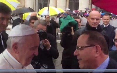 Likud minister Ayoub Kara meets with Pope Francis at Saint Peter's Square in the Vatican, October 26, 2016. Screenshot/Israel Hayom) Likud minister Ayoub Kara meets with Pope Francis at Saint Peter's Square in the Vatican, October 26, 2016. Screenshot/Israel Hayom)