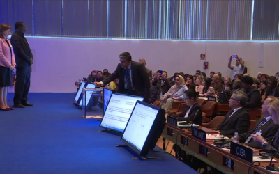 The Lebanese ambassador to UNESCO voting on the World Heritage Committee's a resolution ignoring Jewish and Christian ties to Jerusalem's Old City in Paris, October 26, 2016 (screen shot UNESCO website) The Lebanese ambassador to UNESCO voting on the World Heritage Committee's a resolution ignoring Jewish and Christian ties to Jerusalem's Old City in Paris, October 26, 2016 (screen shot UNESCO website)