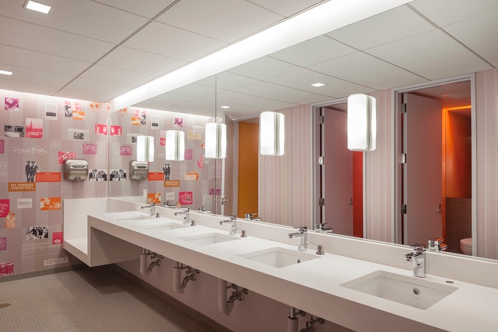 The walls of the restrooms are adorned with historical photographs, while the stalls fly the rainbow colors of the pride flag. (Courtesy CBST) The walls of the restrooms are adorned with historical photographs, while the stalls fly the rainbow colors of the pride flag. (Courtesy CBST)
