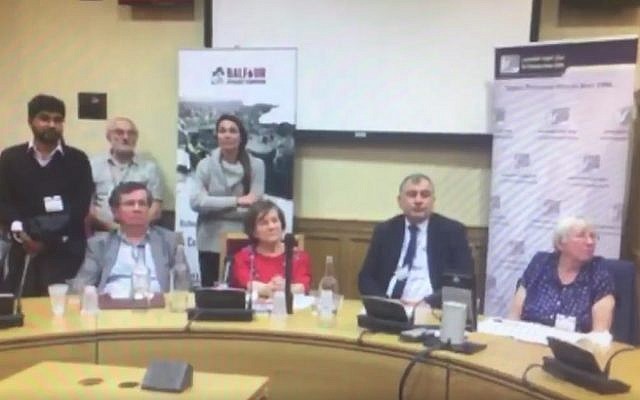 British peer Jenny Tonge (center) and other panelists listen during an anti-Israel meeting at the House of Lords on October 25, 2016 as an audience member blames Jews for antagonzing Hitler into carrying out the Holocaust (screen capture: Facebook) British peer Jenny Tonge (center) and other panelists listen during an anti-Israel meeting at the House of Lords on October 25, 2016 as an audience member blames Jews for antagonzing Hitler into carrying out the Holocaust (screen capture: Facebook)