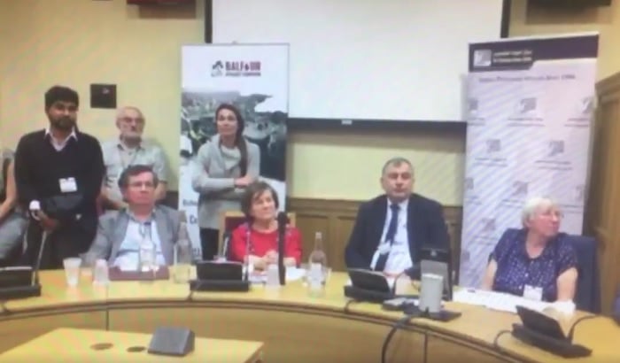 British peer Jenny Tonge (center) and other panelists listen during an anti-Israel meeting at the House of Lords on October 25, 2016 as an audience member blames Jews for antagonzing Hitler into carrying out the Holocaust (screen capture: Facebook) British peer Jenny Tonge (center) and other panelists listen during an anti-Israel meeting at the House of Lords on October 25, 2016 as an audience member blames Jews for antagonzing Hitler into carrying out the Holocaust (screen capture: Facebook)