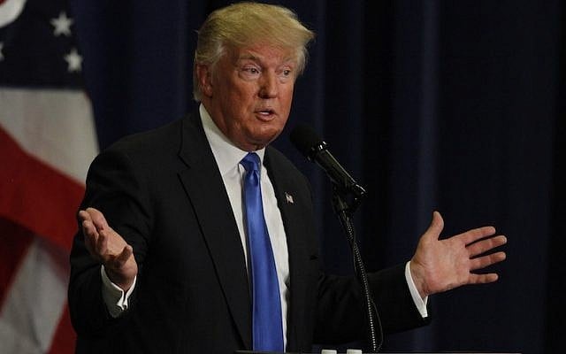 Donald Trump addressing the crowd at a campaign rally in Cincinnati, Ohio, July 6, 2016. (John Sommers II/Getty Images/JTA) Donald Trump addressing the crowd at a campaign rally in Cincinnati, Ohio, July 6, 2016. (John Sommers II/Getty Images/JTA)