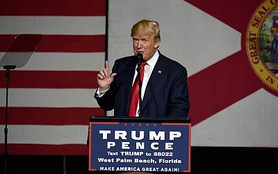 Republican presidential candidate Donald Trump speaks during a campaign rally at the South Florida Fair Grounds in West Palm Beach, Fla., on Thursday, Oct. 13, 2016. (Maria Lorenzino/Sun Sentinel/TNS via Getty Images, via JTA)