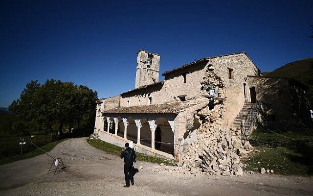 The damaged Abbey of Sant-Eutizio in Umbria, Italy, on October 31, 2016, a day after a 6.6 magnitude earthquake hit central Italy. (Filippo Monteforte/AFP)